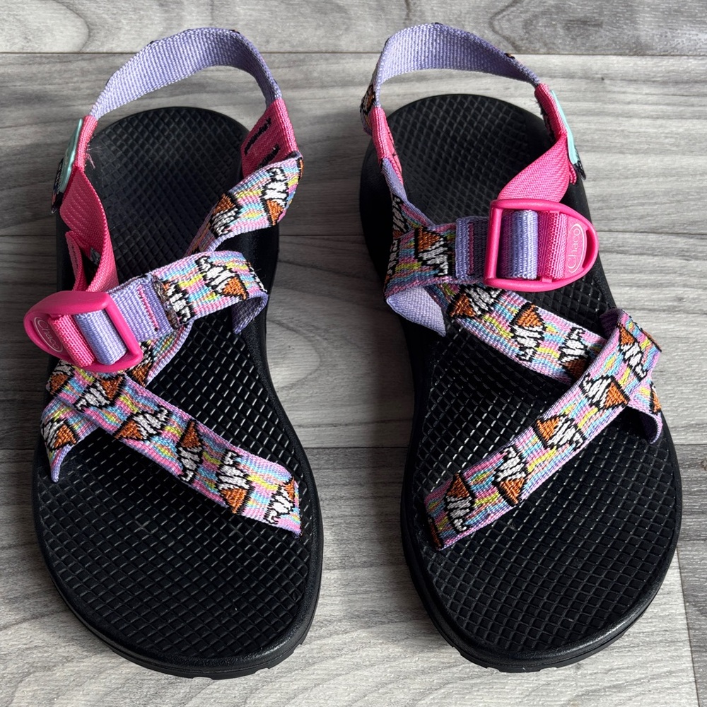 Chaco Pink and Black Sandals with Multicolor Straps